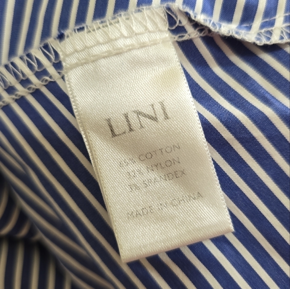 Lini Blue White Striped Shirt Dress Small Button Front Tie Waist Circle Skirt - Picture 7 of 10